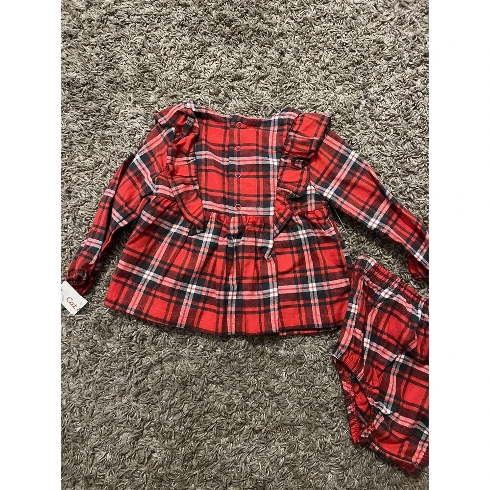 Baby Girl Cat and Jack 2 pc Red‎ Plaid Outfit Long Sleeve Ruffle Top Size 18 mos